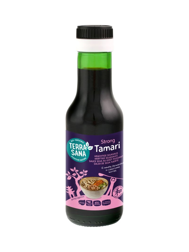 TerraSana Tamari Japans bio soy sauce bottle with label, 125ml, in a natural setting.