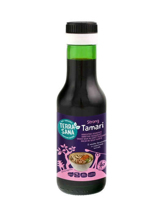 TerraSana Tamari Japans bio soy sauce bottle with label, 125ml, in a natural setting.