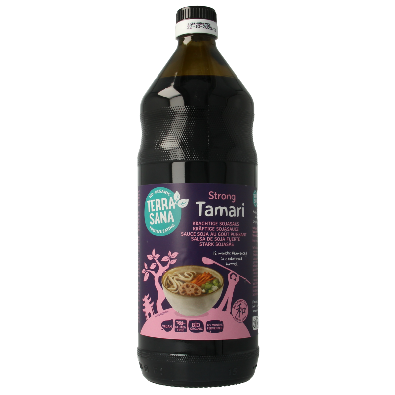 TerraSana Tamari Japans glutenvrije biologische saus in 1 liter bottle with label showing soy sauce and branding.