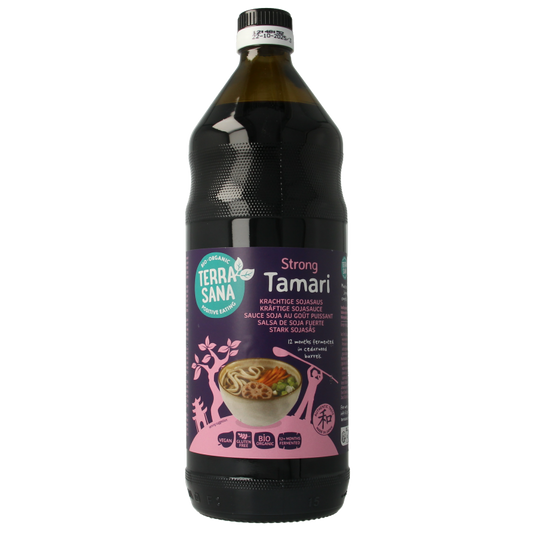 TerraSana Tamari Japans glutenvrije biologische saus in 1 liter bottle with label showing soy sauce and branding.