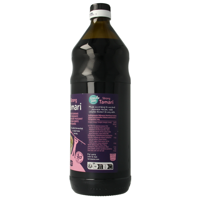 TerraSana Tamari Japanse glutenvrije biologische saus in 1-liter bottle, perfect for Asian dishes and flavor enhancement.