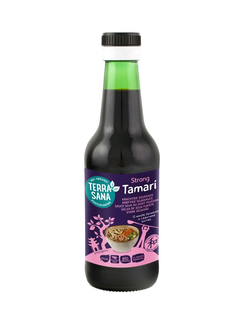 Bottle of TerraSana Tamari Japanese gluten-free organic sauce in 250ml bottle, with label and cap visible.