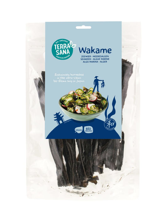 Bio TerraSana Wakame Type A seaweed in 50g package, fresh green edible algae for salads and soups.