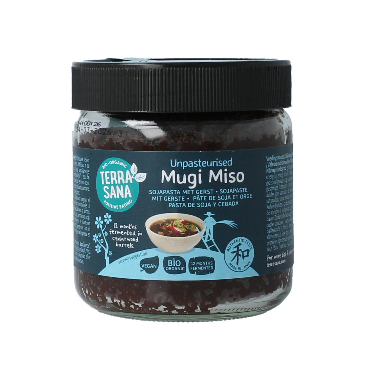 Glass jar of TerraSana Mugi Miso, organic, ungepasteurized sauce, 350 grams, with a label showcasing the product.