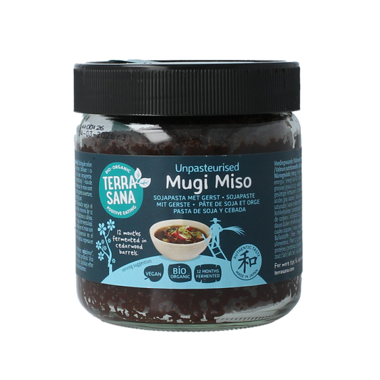 Glass jar of TerraSana Mugi Miso, organic, ungepasteurized sauce, 350 grams, with a label showcasing the product.