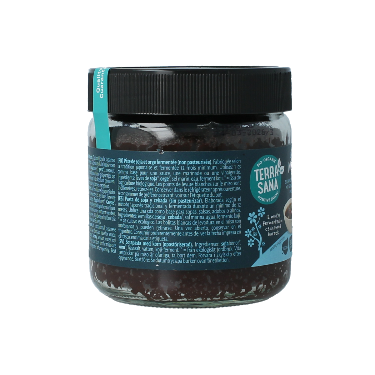 Glass jar of TerraSana Mugi Miso, organic, unpasteurized, 350g, in a clear glass container with a label showing the product name.