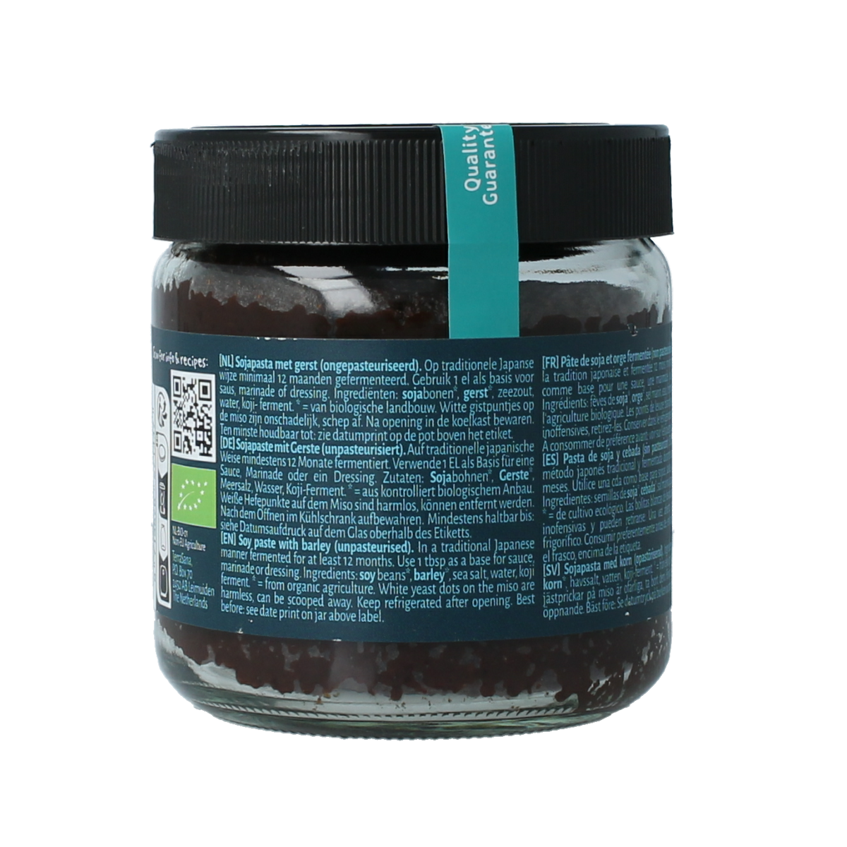 TerraSana Mugi miso ongepasteuriseerd in glazen jar, bio, 350g, sauzen en smaakmakers with label visible