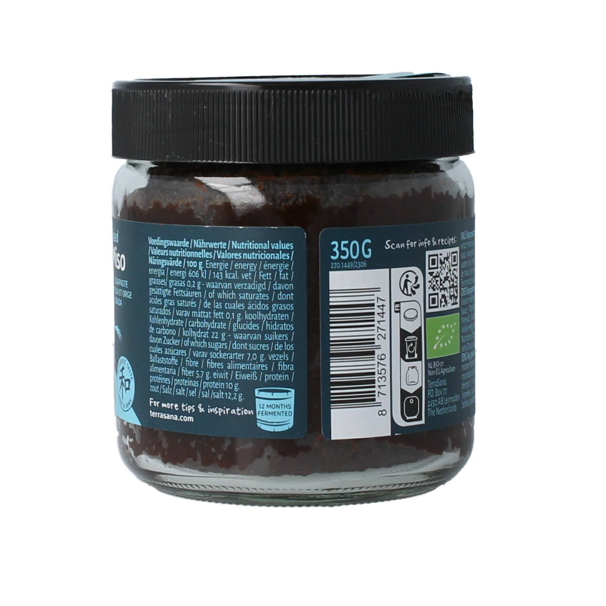 TerraSana Mugi Miso ongepasteuriseerd in glas, 350g, organic Japanese seasoning and sauce, with a close-up of the product jar.