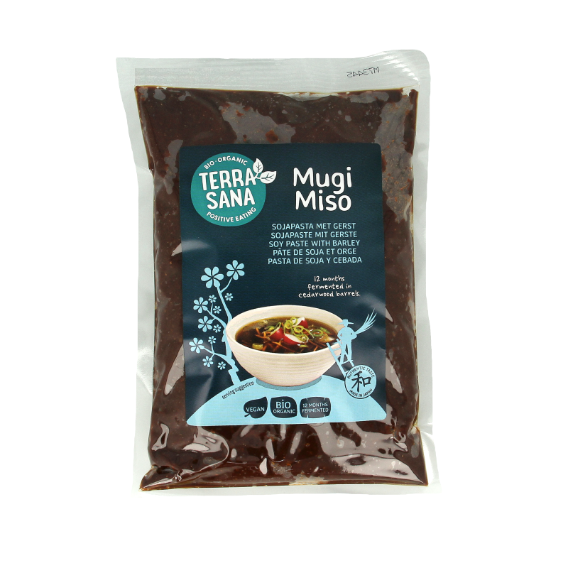 TerraSana Mugi Miso organic soybean paste in 400g jar, traditional sauce and flavor enhancer from TerraSana for cooking and seasoning.