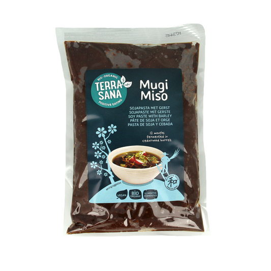 TerraSana Mugi Miso organic soybean paste in 400g jar, traditional sauce and flavor enhancer from TerraSana for cooking and seasoning.