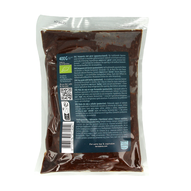 Organic TerraSana Mugi Miso in a 400g jar, showcasing traditional Japanese fermented soy paste for flavorful cooking.