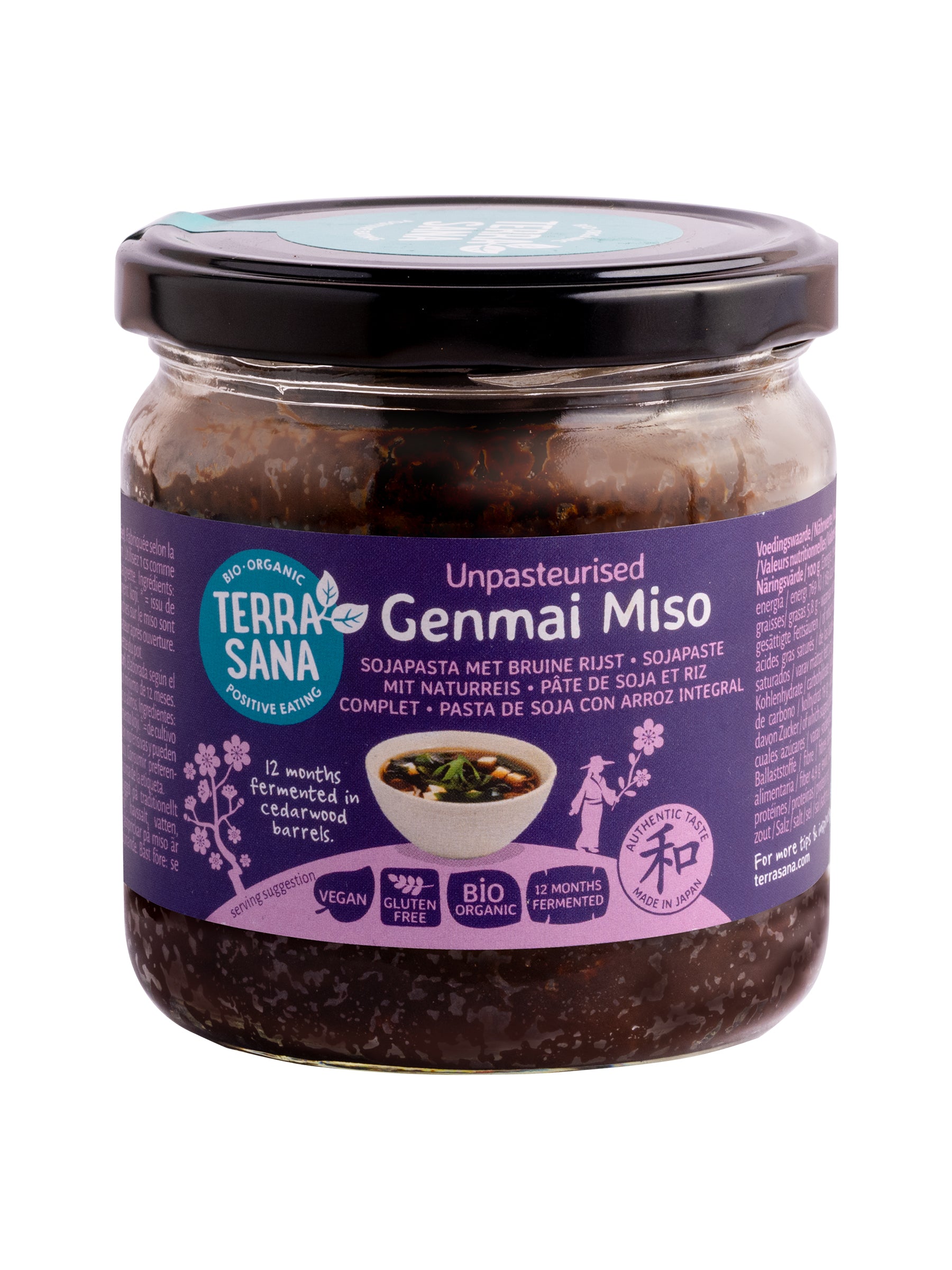 TerraSana Genmai miso ongepasteuriseerd in glas, biologische Japanse smaakmaker, 350 gram, in een glazen pot