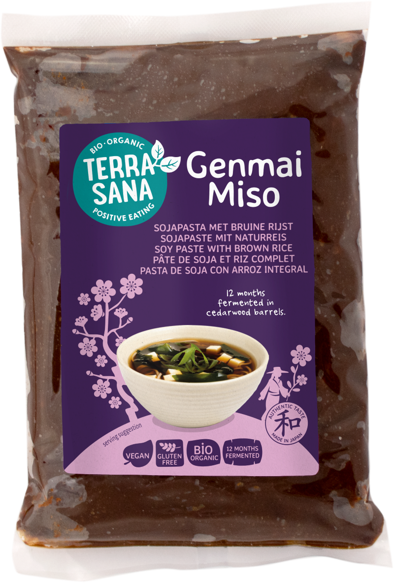 TerraSana Genmai Miso Eko bio sauzen en smaakmakers in 400g jar, showing the label and product packaging.