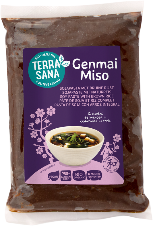 TerraSana Genmai Miso Eko bio sauzen en smaakmakers in 400g jar, showing the label and product packaging.
