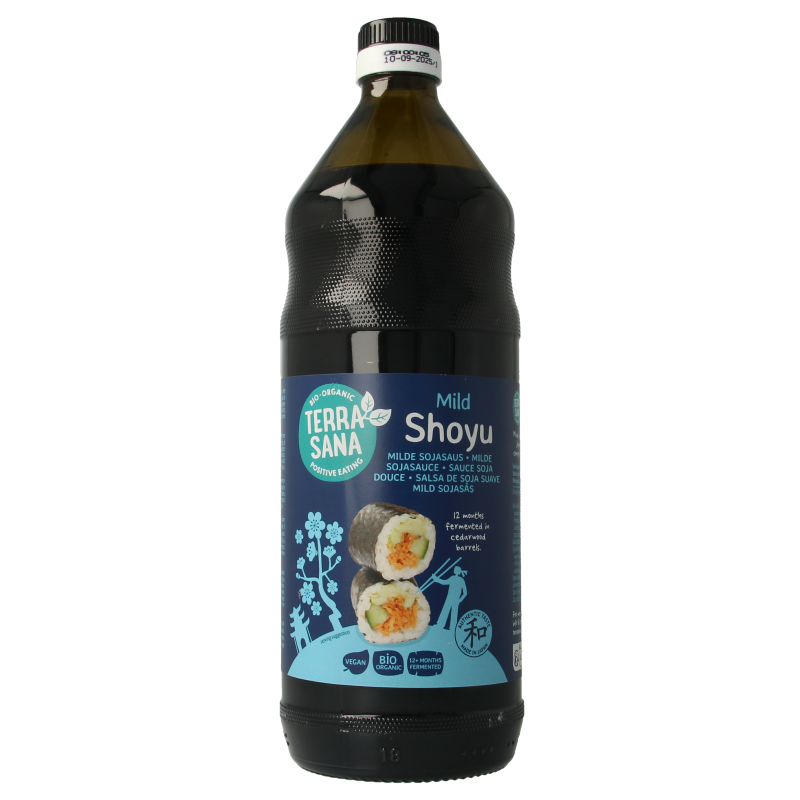 TerraSana Japan bio shoyu soy sauce in a 1-liter bottle, showcasing the label and packaging of this organic seasoning.