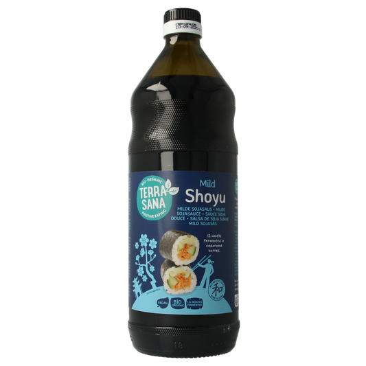 TerraSana Japan bio shoyu soy sauce in a 1-liter bottle, showcasing the label and packaging of this organic seasoning.