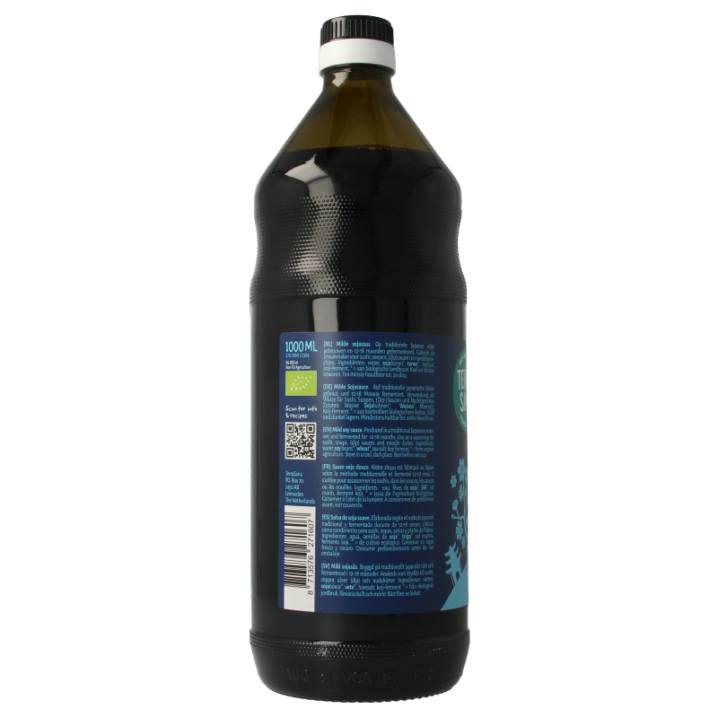 TerraSana bio Shoyu soy sauce bottle, 1 liter, with Japanese branding and label, in a clear plastic bottle.