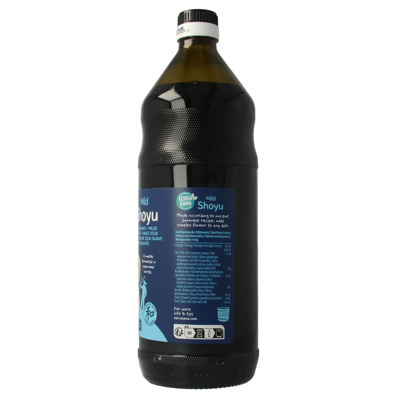 TerraSana bio shoyu soy sauce in a 1-liter bottle, Japanese-style organic seasoning for cooking and marinades.