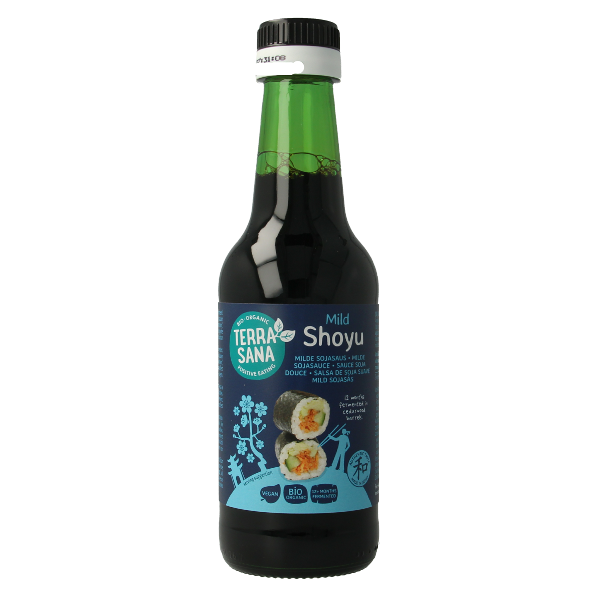 TerraSana bio Shoyu soy sauce bottle from Japan, 250ml, in a clear glass bottle with label, used as a sauce or flavor enhancer.