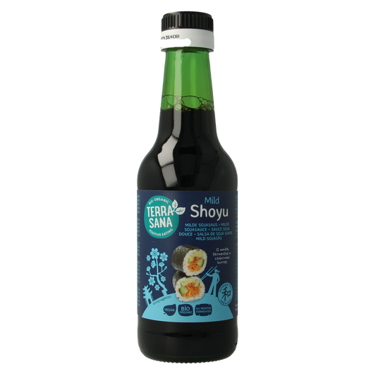 TerraSana bio Shoyu soy sauce bottle from Japan, 250ml, in a clear glass bottle with label, used as a sauce or flavor enhancer.