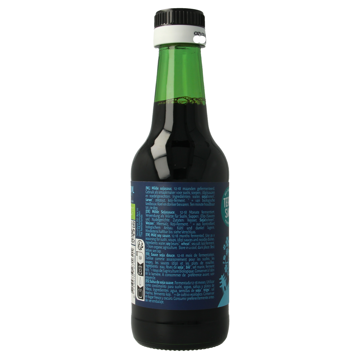 Organic TerraSana Shoyu soy sauce bottle, 250ml, from Japan, in a clear glass bottle with a dark soy sauce inside.