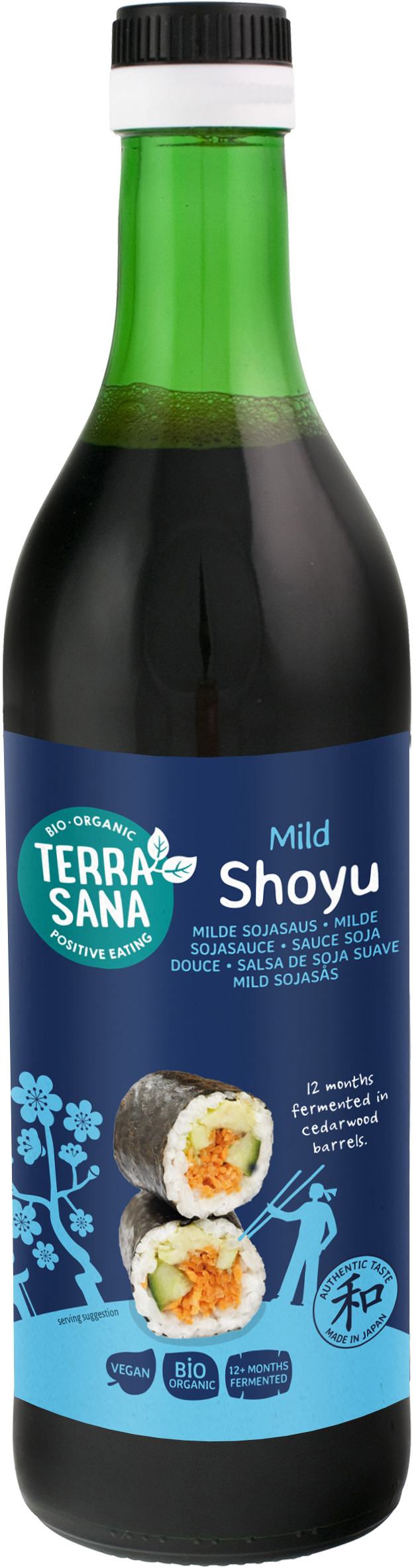 Organic TerraSana Shoyu soy sauce bottle, 500ml, with label showing soy sauce and natural ingredients.