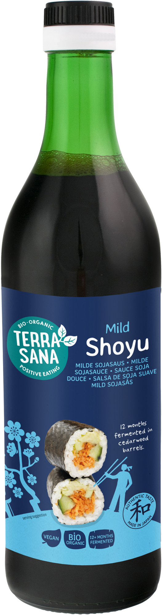 Organic TerraSana Shoyu soy sauce bottle, 500ml, with label showing soy sauce and natural ingredients.