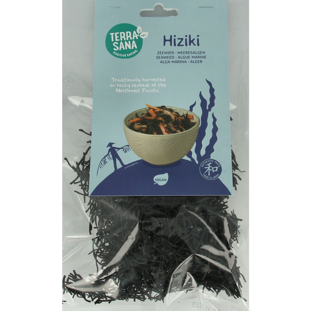 TerraSana Hiziki 100g seaweed in a clear package, part of TerraSana's vegetable and fruit range, with product barcode visible