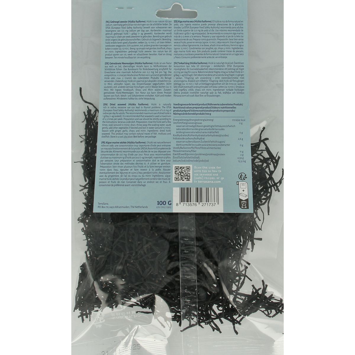 Dried TerraSana Hiziki seaweed in a 100g package, shown in a clear image with the product label visible.