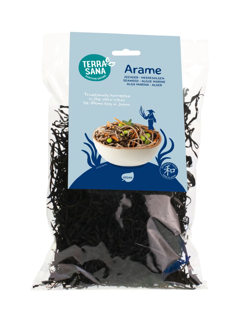 TerraSana Arame seaweed, 100g package, fresh green seaweed sheets for cooking or salads.