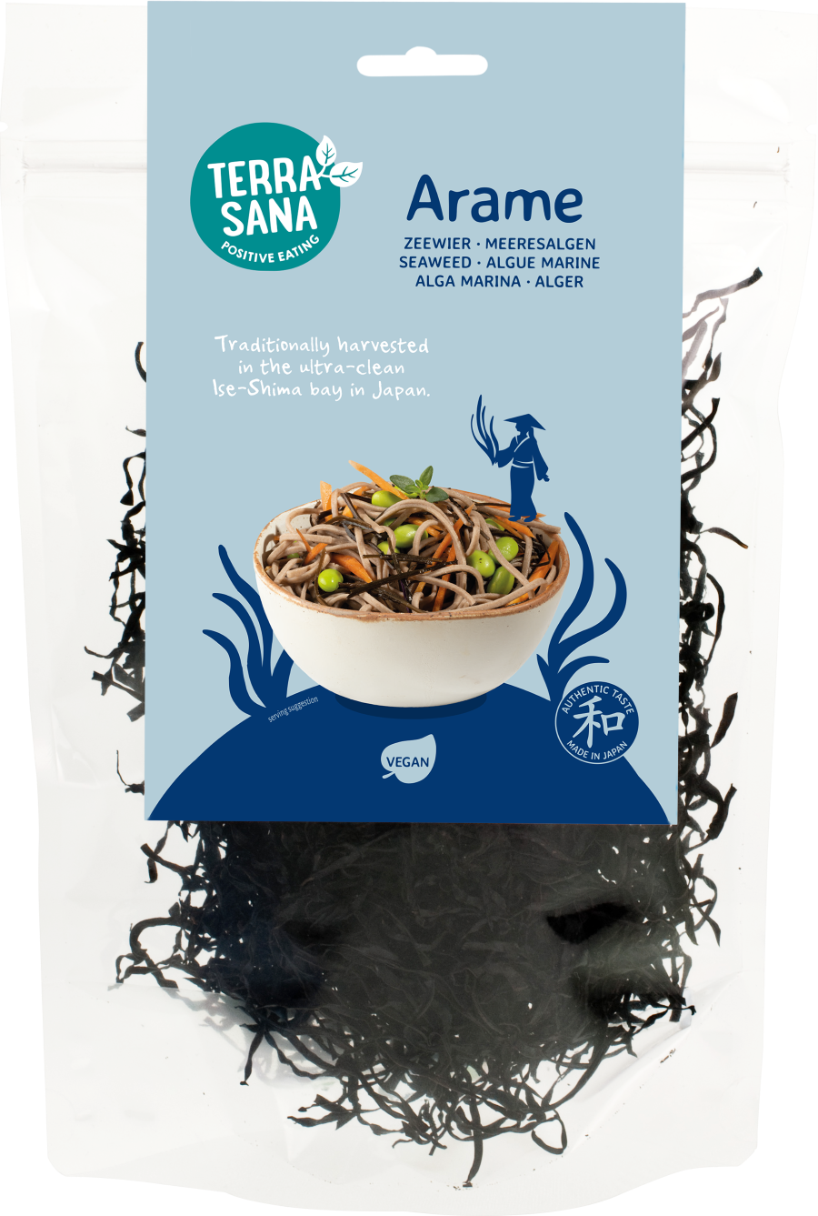 Fresh TerraSana Arame seaweed in a 50-gram package, showcasing its dried, dark green appearance for healthy cooking.