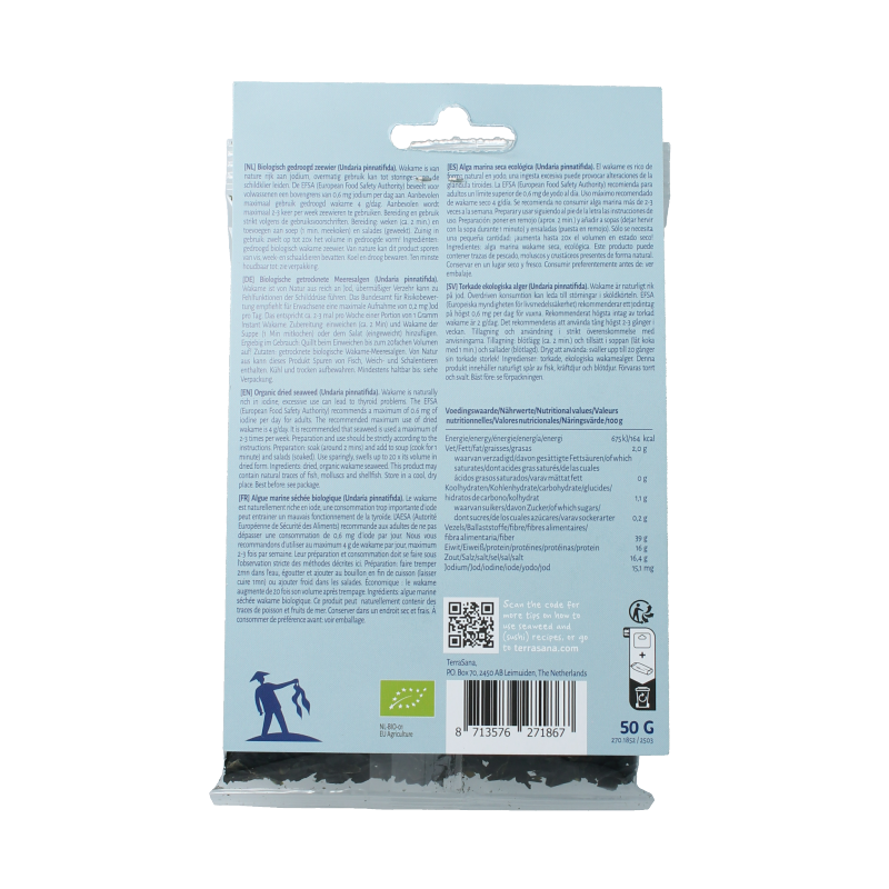 Organic TerraSana Instant Wakame bio seaweed in a 50g package, shown in the image with green dried seaweed flakes.