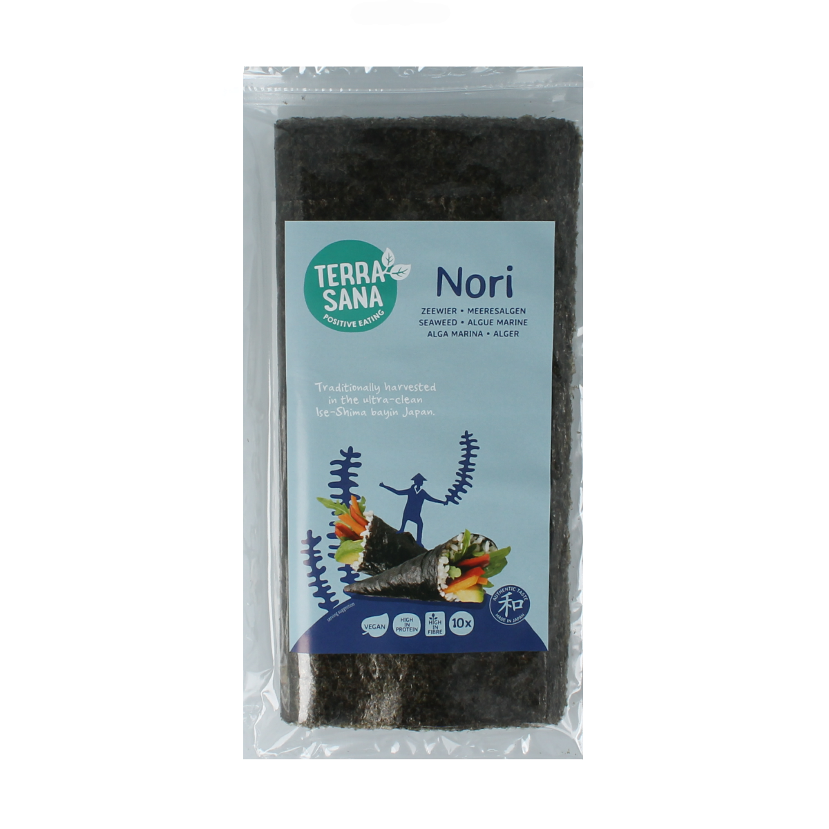 TerraSana Nori seaweed snack in 25g package, featuring dried nori sheets and vibrant green color.