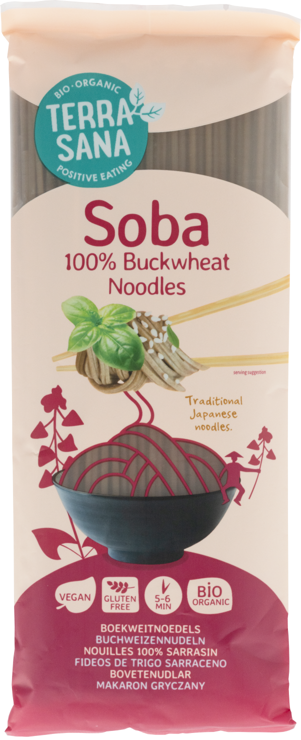 Organic TerraSana Soba rice pasta in 250 grams package, showing the product's packaging and textured noodles.