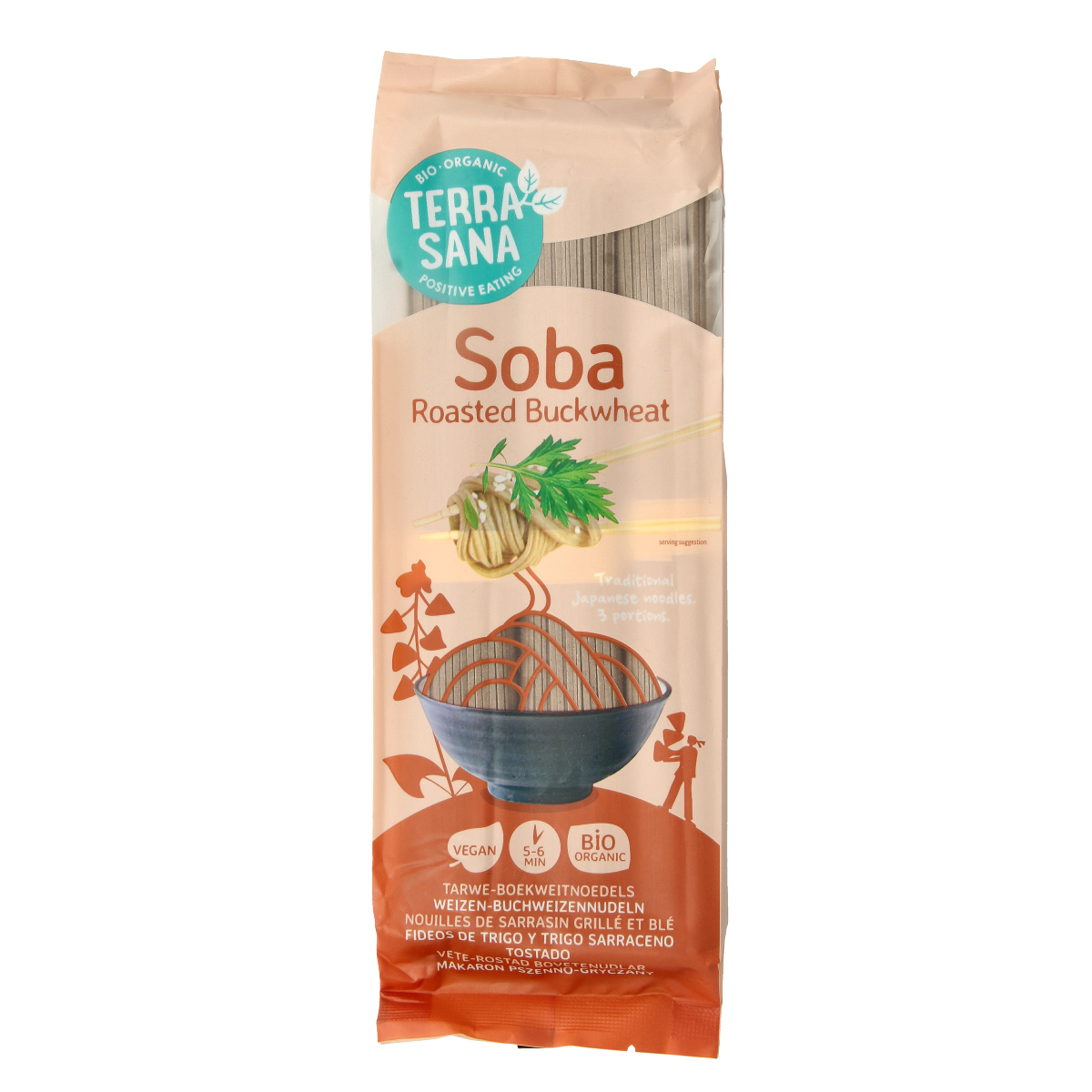 Roasted organic buckwheat soba pasta from TerraSana in a 250g package, ideal for gluten-free and healthy Asian dishes.