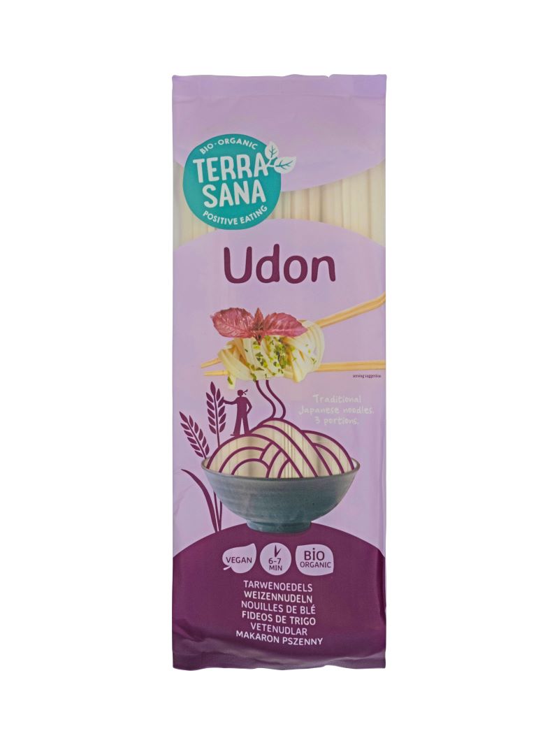 Organic TerraSana Udon bio rice pasta in 250g package, with a close-up of the product packaging and branding.
