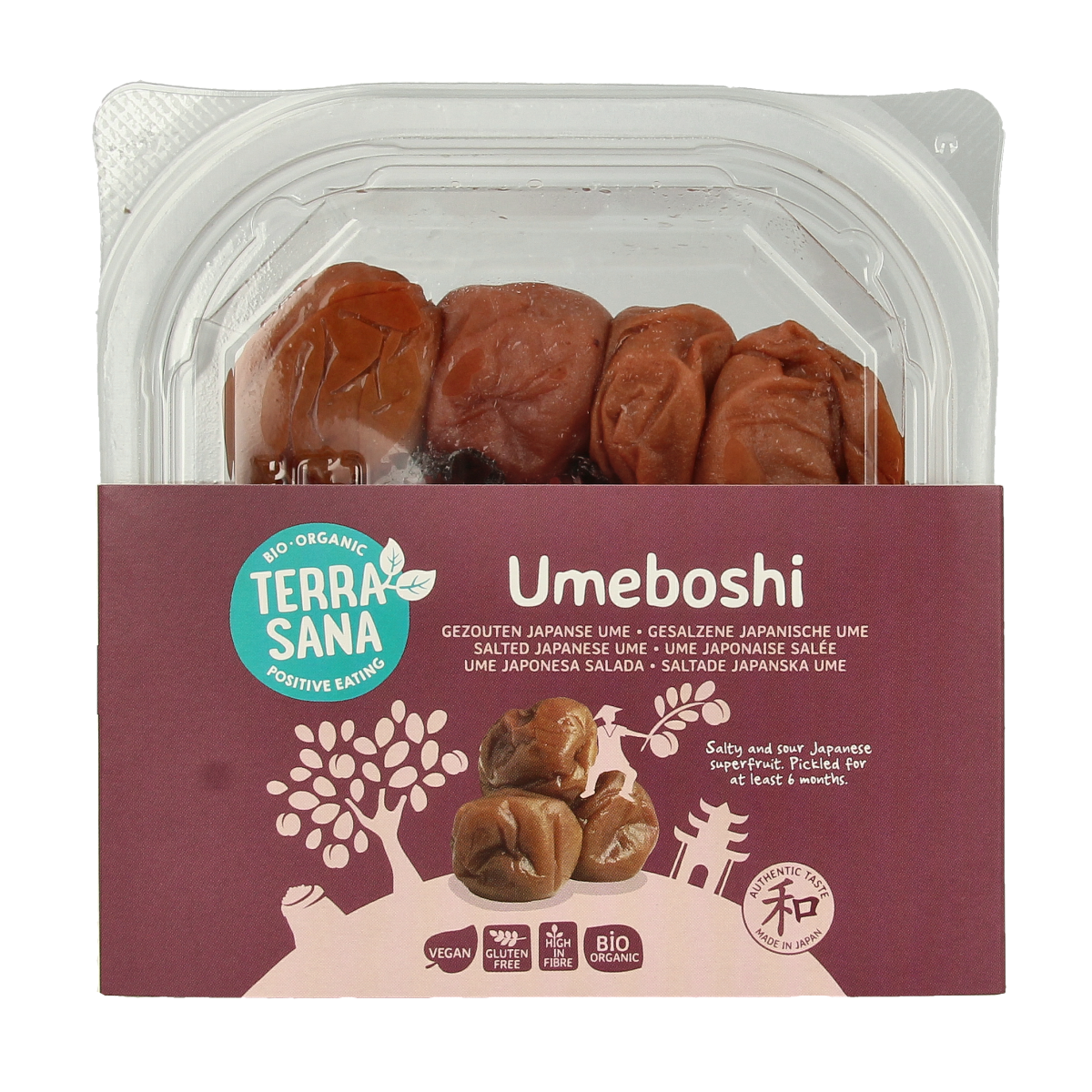 TerraSana Umeboshi gezouten Japanse biologische abrikozen in 150g verpakking, shown in close-up with label and product details.