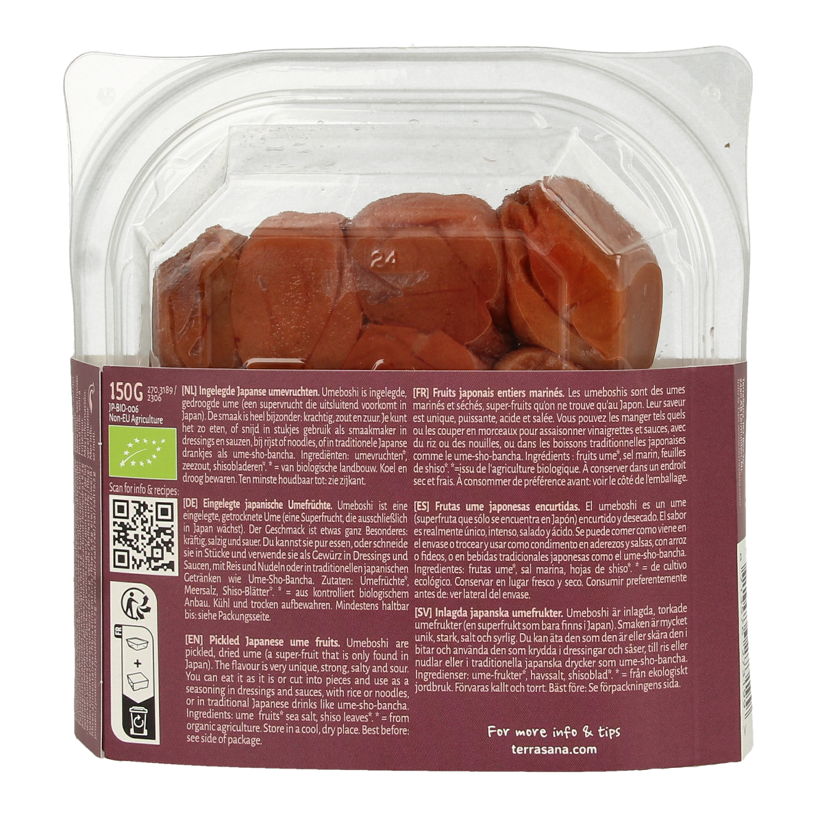 TerraSana Umeboshi gezoute Japanse biologische abrikozen in 150g package, shown in the image.