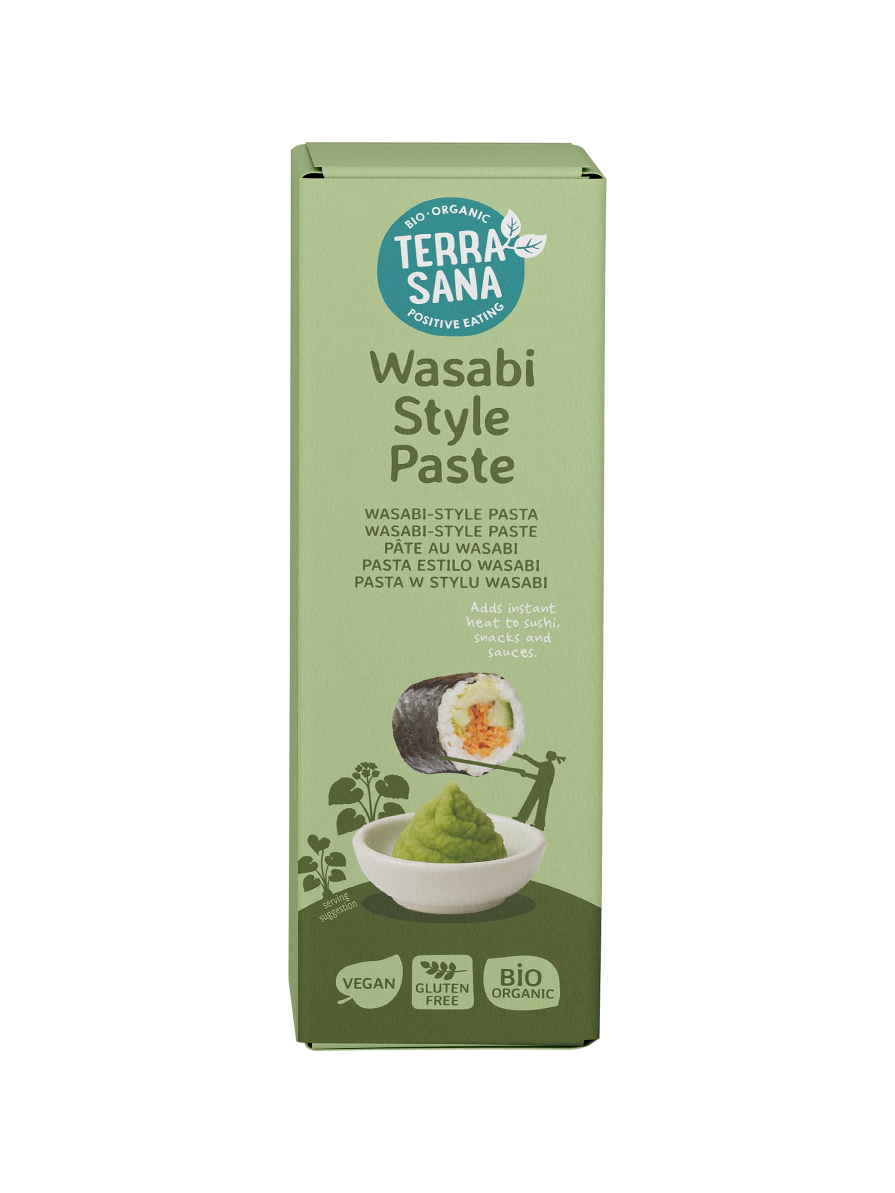 TerraSana Wasabi-style organic pasta sauce in a 50g package, featuring vibrant green wasabi flavor and fresh ingredients.