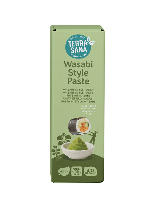 TerraSana Wasabi-style organic pasta sauce in a 50g package, featuring vibrant green wasabi flavor and fresh ingredients.
