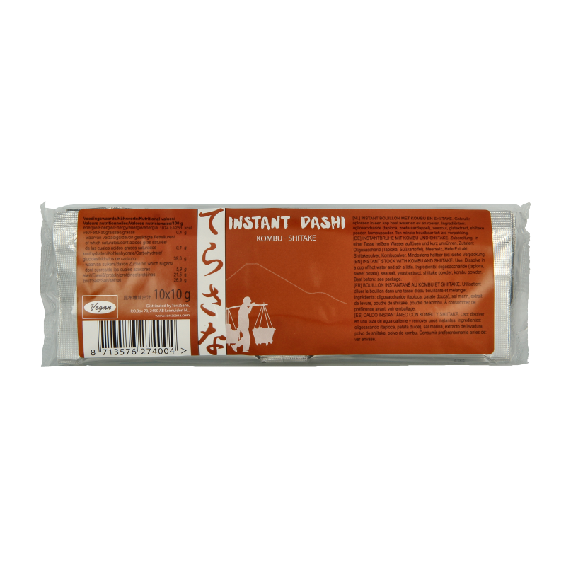 TS Import instant dashi kombu shiitake bouillon in a 100g package, used for soups and broths, featuring kombu and shiitake mushrooms.