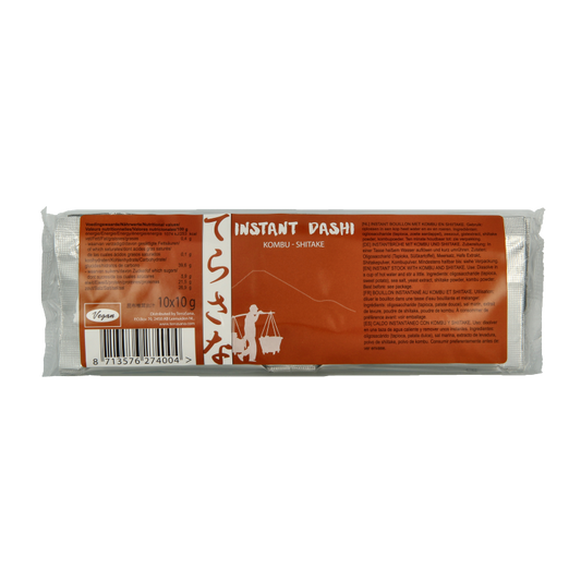 TS Import instant dashi kombu shiitake bouillon in a 100g package, used for soups and broths, featuring kombu and shiitake mushrooms.