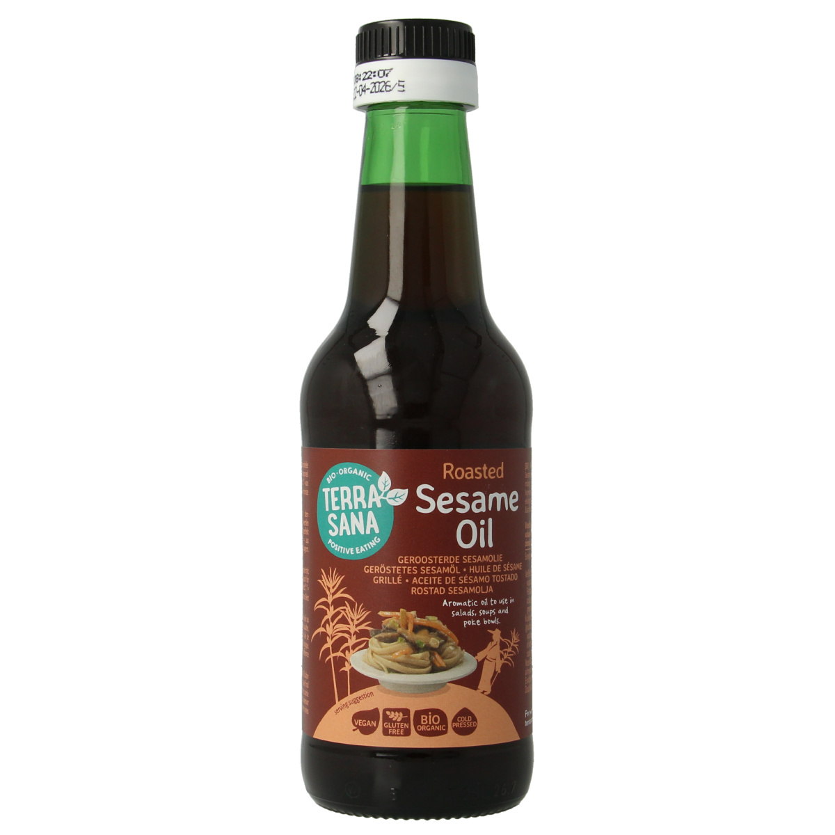 Organic TerraSana toasted sesame oil in a 250ml bottle, highlighting the amber-colored oil and branding on the label.