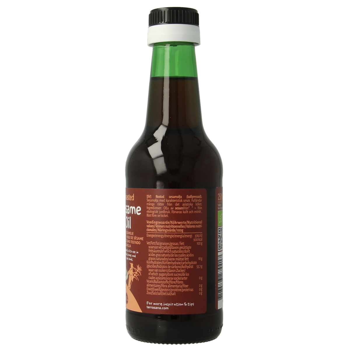 Organic TerraSana toasted sesame oil bottle showing the amber-colored oil in a clear glass container.