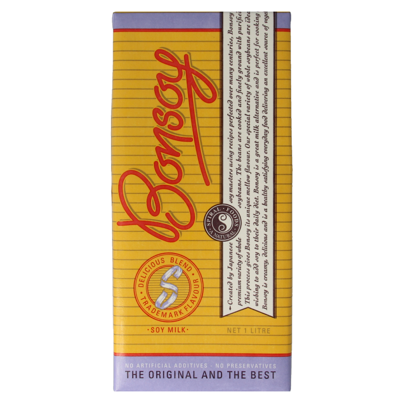 TS Import Bonsoy soy drink 1-liter carton, creamy soy beverage in a Tetra Pak with label showing soybeans and product branding.