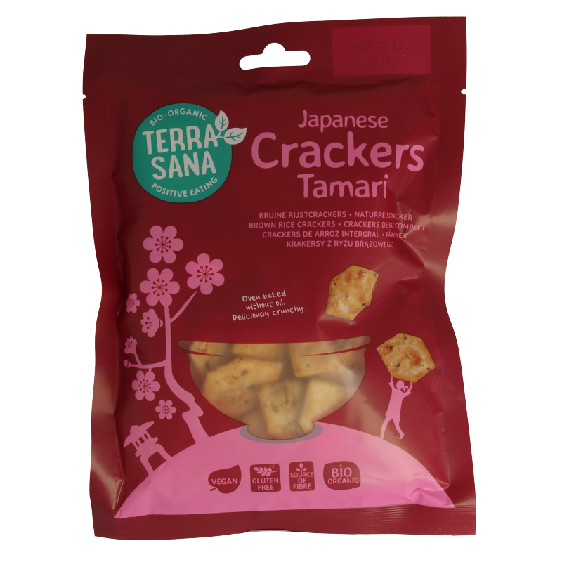 TerraSana Japanse bruine rijstcrackers in 60g eco-friendly snack pack, crispy and golden-brown rice crackers on a white background.