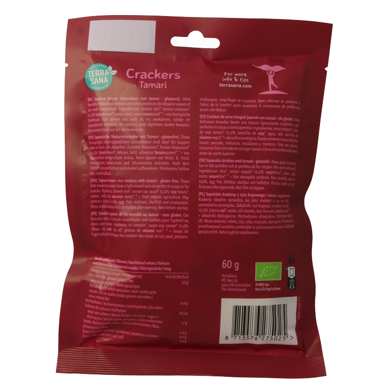 TerraSana Japanse bruine rijstcrackers eco 60g, crunchy brown rice snacks in a clear package, ideal for healthy snacking.