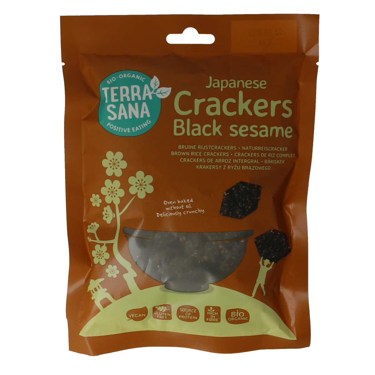 TerraSana Japanese brown rice crackers with black sesame seeds, organic snack, 60 grams.