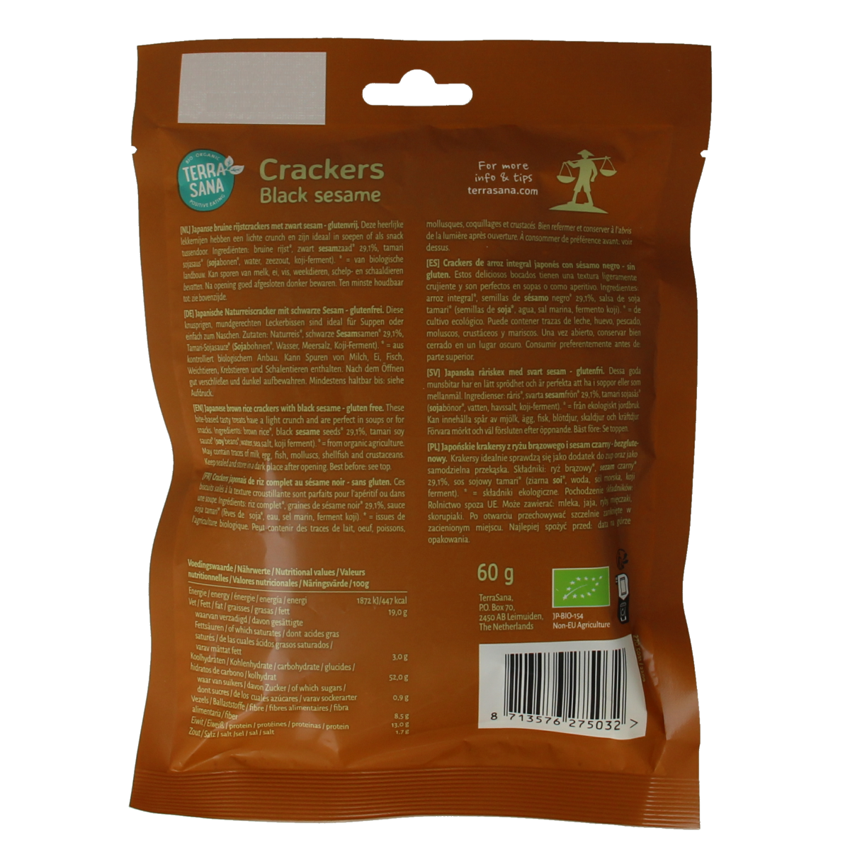 TerraSana Japanse bruine rijstcrackers with zwarte sesam, bio, 60g, a crispy snack with sesame seeds on top.