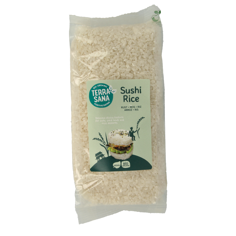 Organic TerraSana white sushi rice in a 400g package, with the rice grains visible in the image.